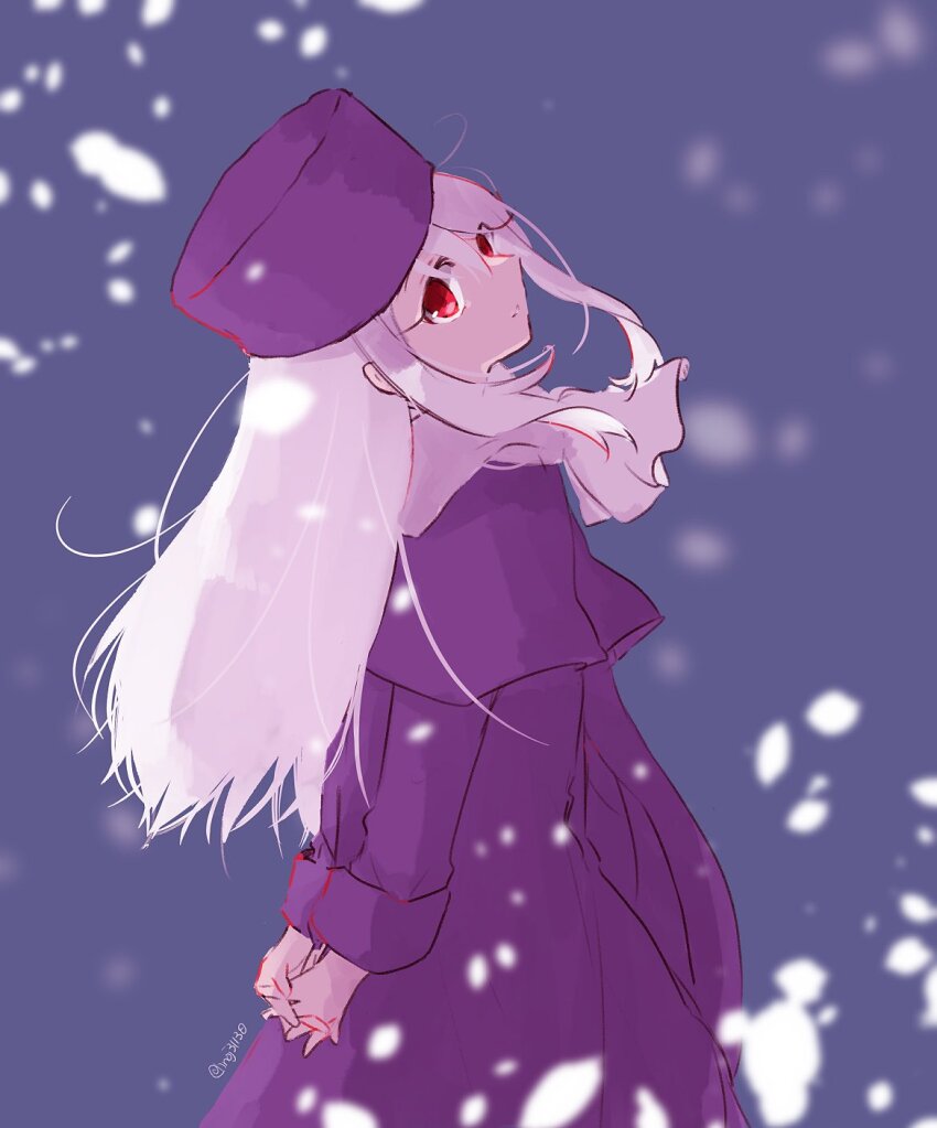 1girl blush coat fate/stay_night fate_(series) fur_hat hat highres illyasviel_von_einzbern long_hair looking_at_viewer papakha pout purple_coat purple_hat red_eyes saihara scarf sketch solo white_hair