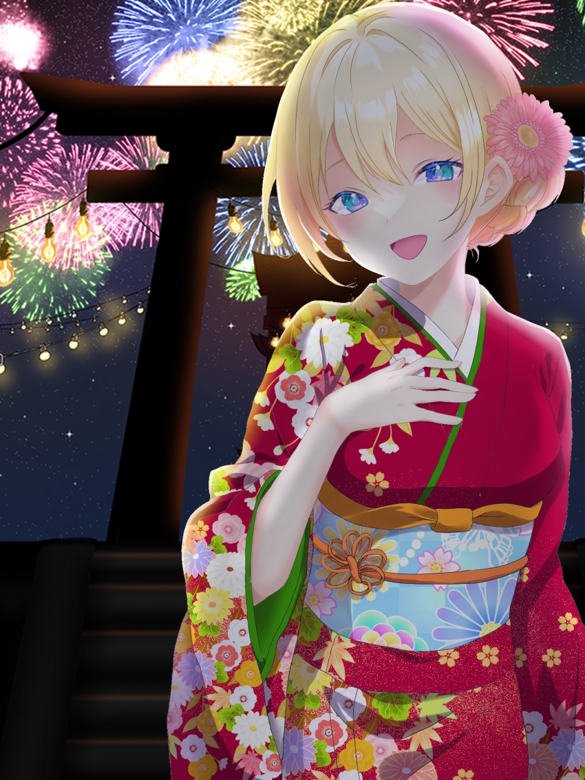 1girl blonde_hair blue_eyes braid commentary darjeeling_(girls_und_panzer) fireworks floral_print flower girls_und_panzer hair_flower hair_ornament hand_on_own_chest highres japanese_clothes ka1009 kimono looking_at_viewer night obi open_mouth outdoors print_kimono red_kimono sash short_hair sky smile solo standing star_(sky) starry_sky string_of_light_bulbs torii twin_braids