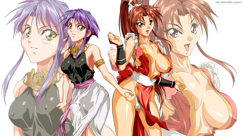 1990s_(style) 2girls breasts covered_erect_nipples fatal_fury highres large_breasts medium_breasts multiple_girls nolia retro_artstyle shiranui_mai sulia_gaudeamus tagme