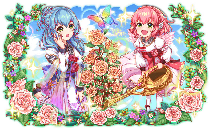 1other 2girls alternate_costume antennae aqua_hair artist_request black_footwear black_sleeve_cuffs blue_sash blue_sky blush bob_cut braid bug butterfly_wings chignon chima_(clothes) cloud crash_fever crown_braid ear_wings floral_background floral_print flower full_body game_cg green_eyes hair_bun hair_tubes hanbok hanrakgungi_(crash_fever) happy holding_pitcher horizontal-striped_hanbok insect_wings juliet_sleeves korean_clothes leaf light_particles long_hair long_sleeves looking_at_animal low_side_ponytail multicolored_butterfly multiple_girls no_socks norigae obi obijime official_alternate_costume official_art open_mouth orange_flower orange_rose outline pink_hanbok pink_skirt pink_wings pitcher_(container) puffy_sleeves purple_flower red_footwear red_outline red_ribbon red_sleeve_cuffs ribbon rose rose_print sash saturated shoe_strap short_hair side_ponytail sidelocks single_hair_tube single_horizontal_stripe skirt sky sleeve_cuffs sparkle standing tachi-e tassel thighhighs tongue transparent_background vertical-striped_ribbon wavy_sidelocks white_flower white_hanbok white_thighhighs white_wings wings won-gang-a-mi_(crash_fever)