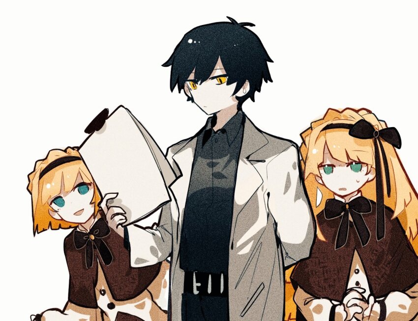 1girl 2boys :d aislan ayin_(project_moon) black_bow black_hairband black_shirt blonde_hair bow bowtie braid brown_capelet capelet coat crown_braid green_eyes hair_bow hairband holding holding_paper lab_coat lobotomy_corporation long_hair long_sleeves looking_at_another multiple_boys open_mouth paper project_moon shirt short_hair simple_background smile standing tiphereth_a_(project_moon) tiphereth_b_(project_moon) upper_body white_background white_coat white_shirt yellow_eyes