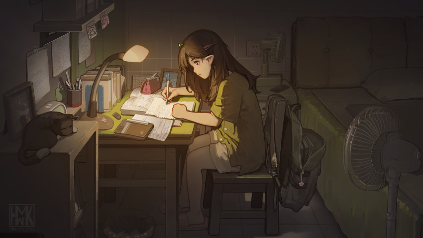 1girl absurdres artist_logo artist_name bag bookshelf brown_hair cat clenched_hand commentary_request desk_lamp electric_fan expressionless green_shirt highres holding holding_pen hua_ming_wink lamp logo looking_at_object medium_hair night notepad original paper pen pencil_case pointy_ears school_bag shirt shorts sitting slippers solo studying trash_can white_shorts