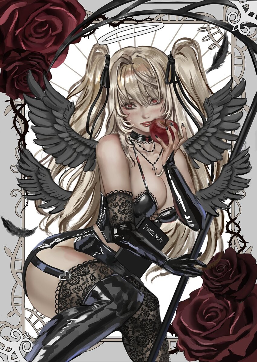 1girl amane_misa apple black_ribbon black_wings blonde_hair breasts choker cleavage cross cross_necklace death_note death_note_(object) flower food fruit garter_belt goth_fashion halo highres holding holding_food holding_fruit holding_scythe jewelry lace lace_thighhighs long_hair looking_at_viewer necklace red_eyes ribbon rose scythe thighhighs two_side_up whails wings