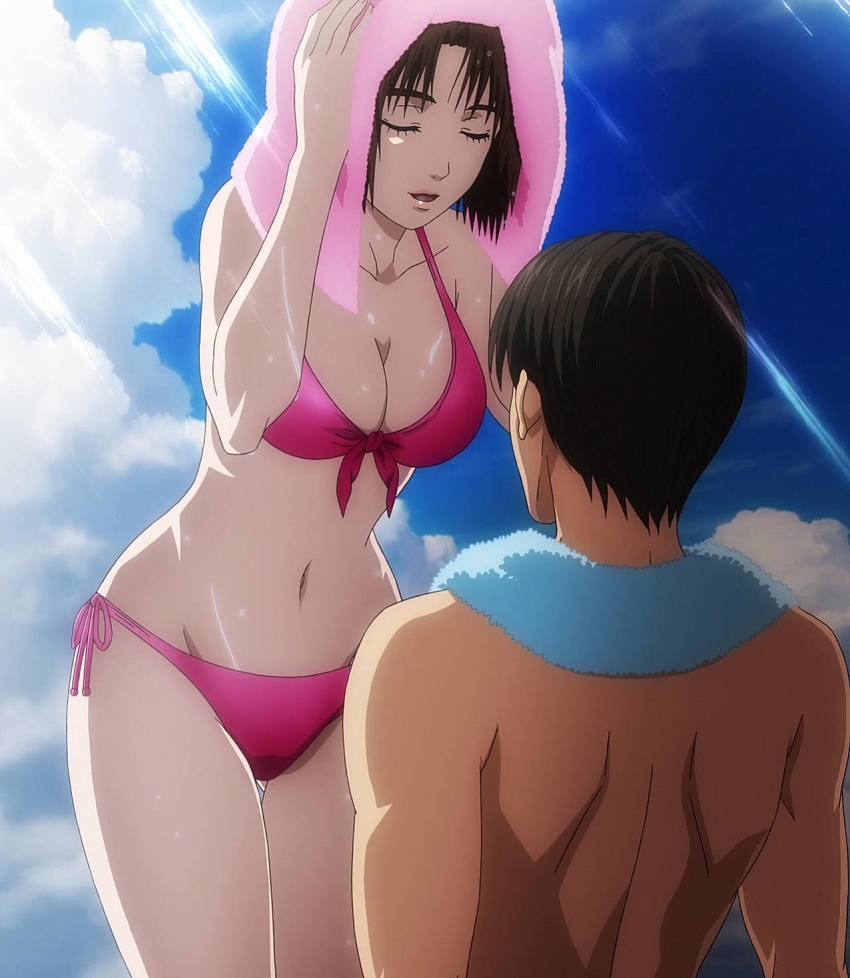 1boy 1girl anime_screenshot beach bikini breasts brown_hair cleavage closed_eyes cloud collarbone day female_focus front-tie_top fujiwara_takumi highres initial_d initial_d_legend_1 legs lips medium_breasts mogi_natsuki navel outdoors pink_bikini pov shin_gekijouban_initial_d short_hair side-tie_bikini_bottom sky solo_focus stitched swimsuit tagme thighs third-party_edit towel water wet wet_clothes