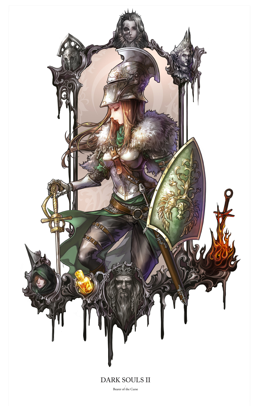 1boy 2girls absurdres armor beard bearer_of_the_curse belt black_pants bonfire breastplate breasts brown_belt character_request closed_eyes commentary copyright_name crown dark_souls_(series) dark_souls_ii emerald_herald estus_flask facial_hair female_knight from_side fur_trim gauntlets helm helmet highres holding holding_shield holding_sword holding_weapon hood hood_up jay_b_lee knight long_hair looking_glass_knight medium_breasts multiple_girls nashandra pants sheath sheathed shield sword thigh_strap velstadt_the_royal_aegis vendrick_(darksouls2) weapon