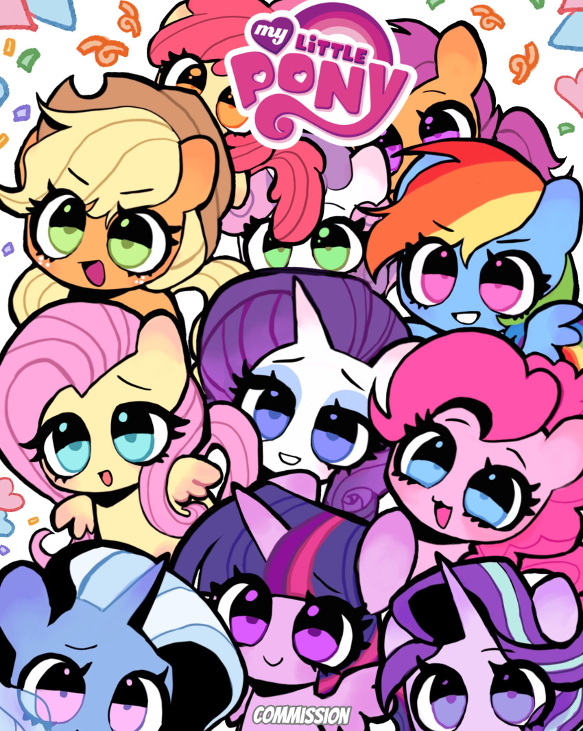 :3 absurdres animal animal_focus apple_bloom applejack aqua_eyes baby_animal blonde_hair blue_eyes blue_eyeshadow blue_hair blush brucebrandon chibi chibi_only chinese_commentary commentary_request commission confetti cowboy_hat english_text everyone eyelashes eyeshadow fluttershy foal freckles green_eyes hat highres horns logo long_hair makeup multicolored_hair my_little_pony my_little_pony:_friendship_is_magic no_humans open_mouth orange_eyes pegasus pink_eyes pink_hair pinkie_pie pony_(animal) ponytail purple_eyes purple_hair rainbow_dash rainbow_hair rarity_(my_little_pony) red_hair scootaloo simple_background single_horn smile starlight_glimmer sweetie_belle trixie_lulamoon twilight_sparkle unicorn white_background winged_unicorn wings