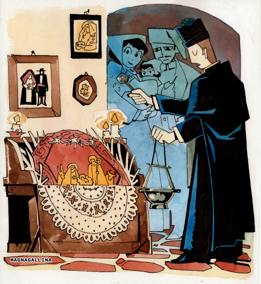 baby baby_carry biretta black_robe blessing_gesture brown_hair bull candle carrying cassock christian_mythology coat donkey facial_hair family flower headscarf highres holy_water indoors jesus magnagallina mustache nativity original picture_frame priest robe saint_joseph smile virgin_mary