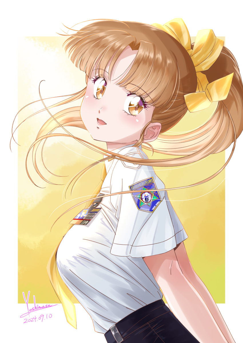 absurdres arms_behind_back artist_name badge belt birthday black_belt black_pants border bow breasts brown_hair commentary curtained_hair from_side hair_bow highres id_card large_breasts leaning_forward long_hair looking_at_viewer looking_to_the_side necktie open_mouth orange_eyes outside_border pants police police_badge police_uniform ponytail saiko_yuki shirt short_sleeves signature silent_moebius smile standing tented_shirt upper_body white_border white_shirt yellow_bow yellow_necktie yoshinaga_masahiro