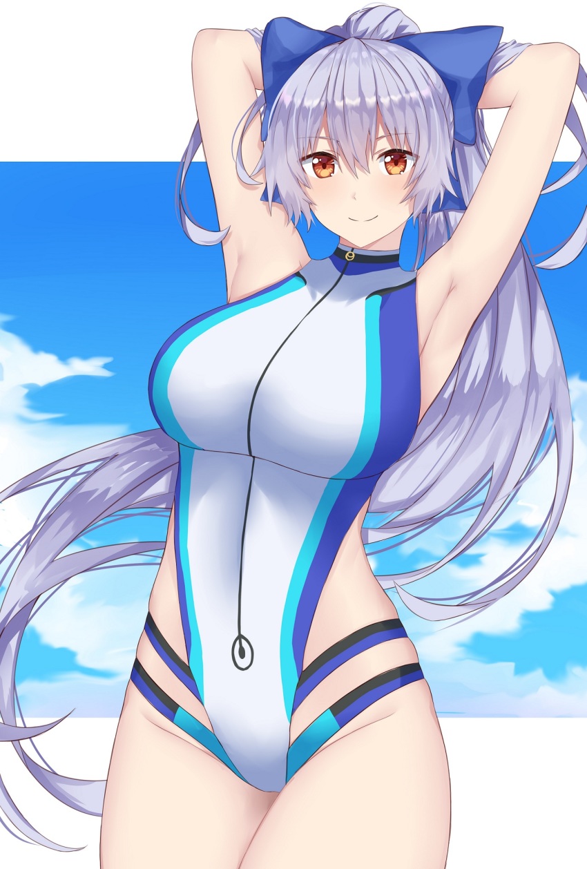 1girl arind_yudha armpits blue_ribbon breasts brown_eyes competition_swimsuit fate/grand_order fate_(series) female_focus front_zipper_swimsuit_(realise) hair_ornament hair_ribbon highres kanemoto_hisako large_breasts long_hair looking_at_viewer meme_attire one-piece_swimsuit ribbon silver_hair smile solo swimsuit tomoe_gozen_(fate) tomoe_gozen_(swimsuit_saber)_(fate) tomoe_gozen_(swimsuit_saber)_(first_ascension)_(fate)