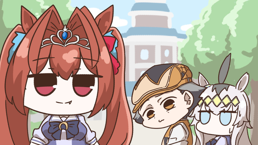 1boy 2girls absurdres ahoge animal_ears blue_eyes blue_gemstone bow bowtie brown_hair chibi chibi_only commentary daiwa_scarlet_(umamusume) distracted_boyfriend_(meme) ear_ornament fang fang_out forgemod1oader gem grey_hair hair_between_eyes hair_bow hair_intakes hairband hat head_tilt highres horse_ears horse_girl jitome kitahara_jou korean_commentary long_hair meme multicolored_hair multiple_girls newsboy_cap no_mouth oguri_cap_(umamusume) orange_eyes orange_hat outdoors pac-man_eyes purple_bow purple_bowtie purple_shirt red_bow red_eyes sailor_collar sailor_shirt school_uniform shirt short_sleeves summer_uniform sweatdrop tiara tracen_school_uniform tree turning_head twintails two-tone_hair umamusume umamusume:_cinderella_gray white_sailor_collar yellow_hairband