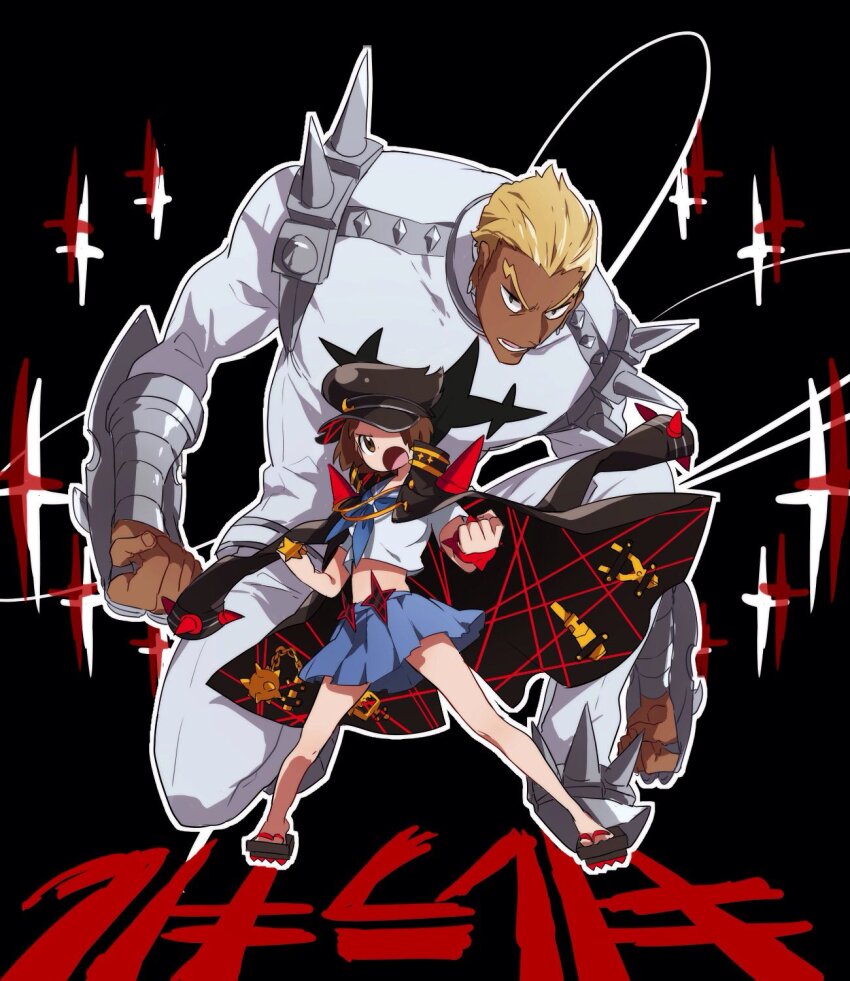 1boy 1girl blonde_hair blue_neckerchief blue_sailor_collar blue_skirt bob_cut brown_eyes brown_hair crescent crescent_hat_ornament dark-skinned_male dark_skin earrings gamagoori_ira geta hair_slicked_back hat hat_ornament highres honnoji_academy_school_uniform jacket jacket_on_shoulders jewelry kayasamad kill_la_kill long_coat mankanshoku_mako muscular muscular_male neckerchief pants protected_link sailor_collar school_uniform serafuku shoulder_spikes sideburns size_difference skirt spikes standing star_(symbol) thick_eyebrows white_jacket