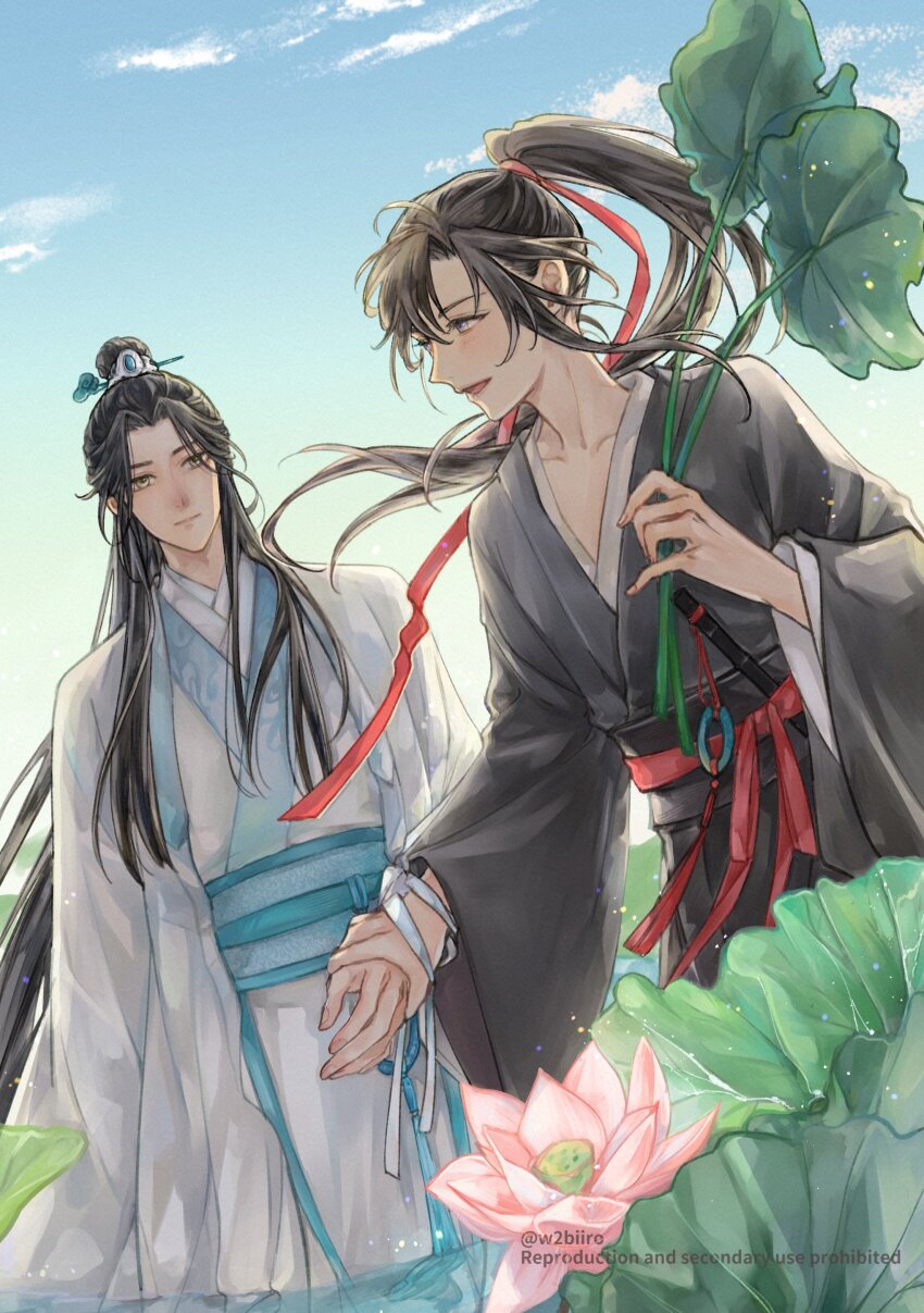 2boys absurdres ahoge bishounen black_hair black_hanfu blue_sash blue_sky blush chinese_clothes closed_mouth cloud collarbone day floating_hair flower flute flute_tassel grey_eyes hair_ribbon hand_grab hanfu high_ponytail highres holding holding_leaf holding_ribbon instrument lan_wangji leaf light_particles long_hair long_sleeves looking_at_another lotus lotus_leaf male_focus modao_zushi multiple_boys open_mouth outdoors pink_flower ponytail red_ribbon red_sash ribbon robe sash sidelocks sky smile standing tassel topknot twitter_username very_long_hair w2biiro wading water watermark wei_wuxian white_hanfu white_ribbon wide_sleeves xiao_guan_(headdress) yaoi yellow_eyes