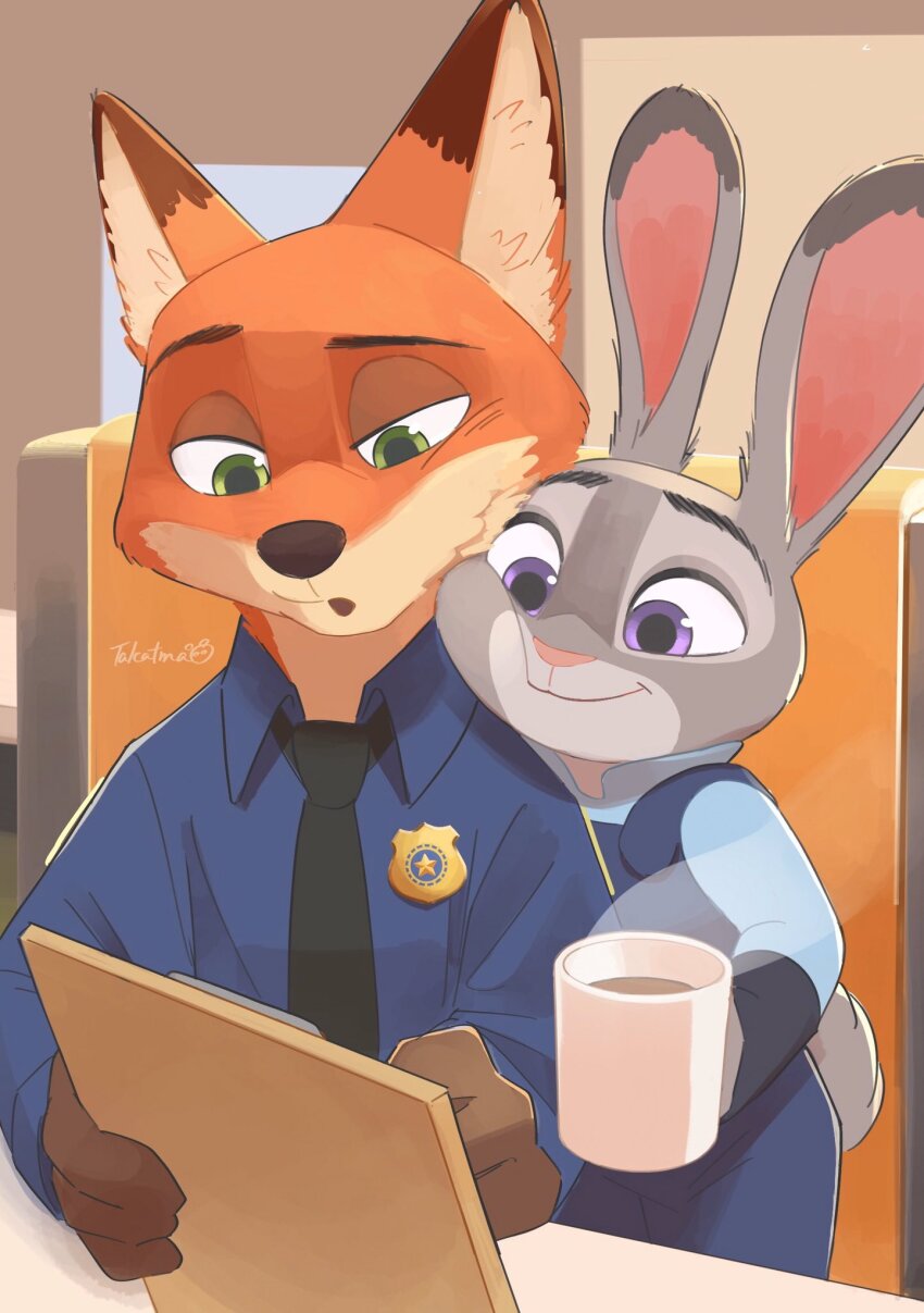 1boy 1girl animal_ears fox_ears furry furry_female furry_male green_eyes highres judy_hopps looking_at_viewer necktie nick_wilde open_mouth police police_uniform policewoman purple_eyes rabbit_ears rabbit_girl shirt smile tail takatmaorange zootopia
