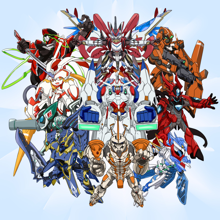 aldnoah.zero alecto_(regalia) bubuki_buranki captain_earth clenched_hands crossover darling_in_the_franxx earth_engine_impacter fighting_stance glowing glowing_eyes green_eyes hand_on_own_chest highres holding holding_lance holding_polearm holding_sword holding_weapon id-0 ido_(id-0) ikaruga_(knight&#039;s_&amp;_magic) kakumeiki_valvrave kg-6_sleipnir knight&#039;s_&amp;_magic lance looking_to_the_side majestic_prince mecha multiple_crossover no_humans open_mouth oubu_(bubuki_buranki) planet_with polearm red_five regalia_the_three_sacred_stars robot sensei_(planet_with) strelizia super_robot_wars sword turn-s valvrave_i weapon yellow_eyes