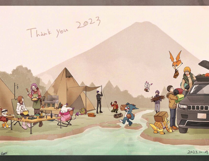 2girls 4boys armadillo armadimon bird bug cat digimon digimon_(creature) glasses hawkmon hida_iori highres ichijouji_ken inoue_miyako long_hair motomiya_daisuke multiple_boys multiple_girls owada_rui patamon pink_hair tailmon takaishi_takeru ukkomon v-mon wings wormmon yagami_hikari