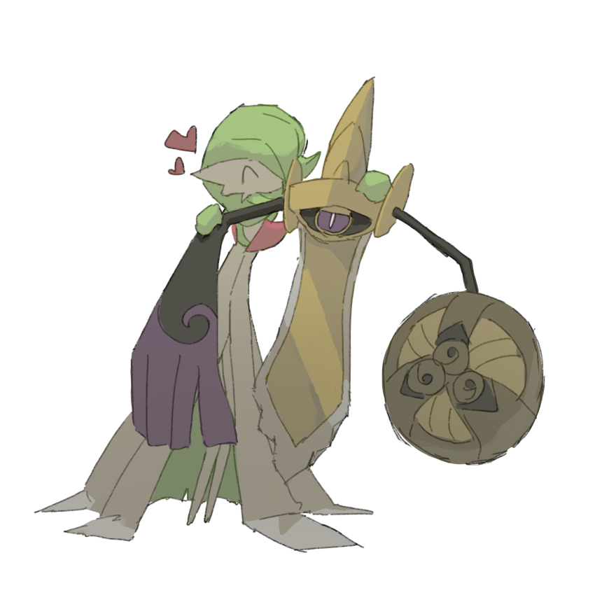 1girl ^_^ aegislash black_sclera bob_cut bright_pupils closed_eyes colored_sclera colored_skin flat_chest floating full_body gardevoir gen_3_pokemon gen_6_pokemon green_hair green_skin hair_over_one_eye half-closed_eyes hand_on_another&#039;s_arm hand_on_another&#039;s_head hands_up happy heart highres multicolored_skin napopo nintendo no_mouth one-eyed one_eye_covered pokemon pokemon_(creature) purple_eyes shield short_hair simple_background sketch standing sword two-tone_skin weapon white_background white_pupils white_skin
