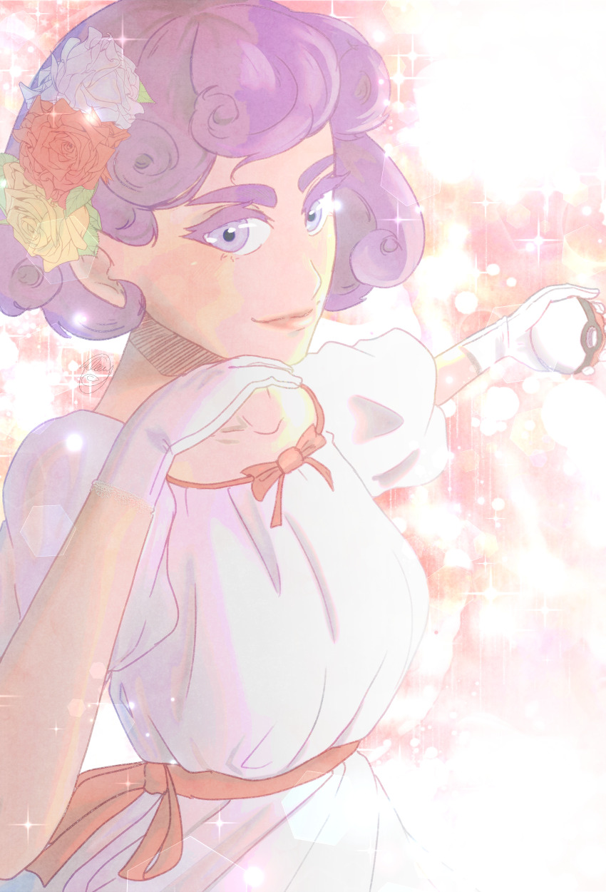 1girl absurdres alternate_costume burgundy_(pokemon) curly_hair dress flower gloves hair_flower hair_ornament highres holding holding_poke_ball looking_at_viewer nintendo owleeve poke_ball pokemon pokemon_(anime) pokemon_bw_(anime) purple_eyes purple_hair short_hair simple_background solo sparkle thick_eyebrows upper_body white_dress white_gloves