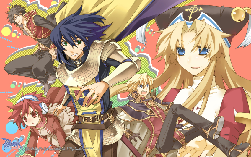 2girls 3boys akita_kome armor bell belt black_capelet black_coat black_hair black_shirt blonde_hair blue_eyes brown_belt brown_footwear brown_pants cape capelet chainmail clenched_teeth coat copyright_notice dress emblem full_body glasses gold_trim green_eyes guest_art hat_bell headphones high_priest_(ragnarok_online) highres jacket jingle_bell juliet_sleeves knight_(ragnarok_online) logo long_hair long_sleeves medium_hair merchant_(ragnarok_online) multicolored_coat multiple_boys multiple_girls noah_hat_(ragnarok_online) official_art official_wallpaper open_mouth pants pauldrons pink_background priest_(ragnarok_online) puffy_sleeves ragnarok_online red_coat red_dress red_eyes red_hair red_jacket red_shirt red_skirt shirt shoes short_hair shoulder_armor skirt teeth two-tone_coat two-tone_dress upper_body white_cape white_dress white_shirt wizard_(ragnarok_online) yellow_cape yellow_tabard