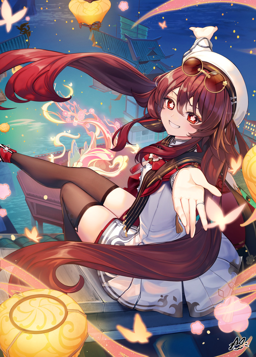 1girl absurdres asahi_(vjss4548) brown_hair brown_scarf brown_thighhighs bug butterfly eyewear_on_head flower-shaped_pupils genshin_impact hat highres hu_tao_(cherries_snow-laden)_(genshin_impact) hu_tao_(genshin_impact) insect jewelry lantern long_hair looking_at_viewer official_alternate_costume paper_lantern red-tinted_eyewear red_eyes ring round_eyewear scarf sitting sky_lantern smile solo sunglasses symbol-shaped_pupils thighhighs tinted_eyewear twintails very_long_hair white_hat