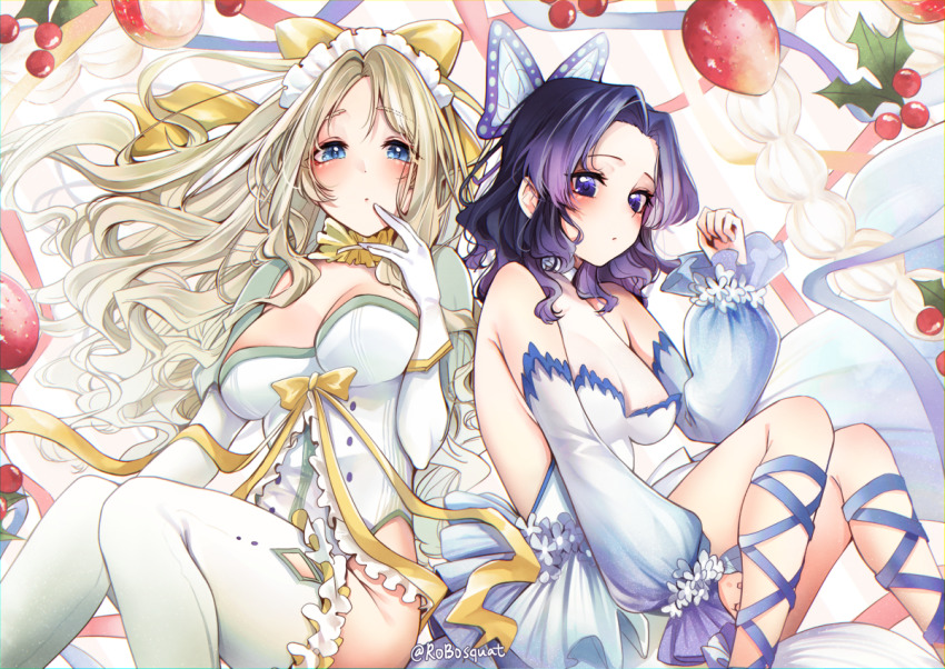 2girls blonde_hair blue_eyes blush bow breasts butterfly_hair_ornament carrot_(robosquat) choker christmas cleavage crossover darling_in_the_franxx detached_sleeves dress frilled_dress frills gloves hair_ornament hair_ribbon hair_spread_out hayami_saori kimetsu_no_yaiba kochou_shinobu kokoro_(darling_in_the_franxx) large_breasts long_hair looking_at_viewer lying multiple_girls neck_ribbon one-piece_thong open_mouth purple_eyes purple_hair ribbon ribbon_choker short_hair skirt thighhighs thighs voice_actor_connection white_gloves wrist_cuffs
