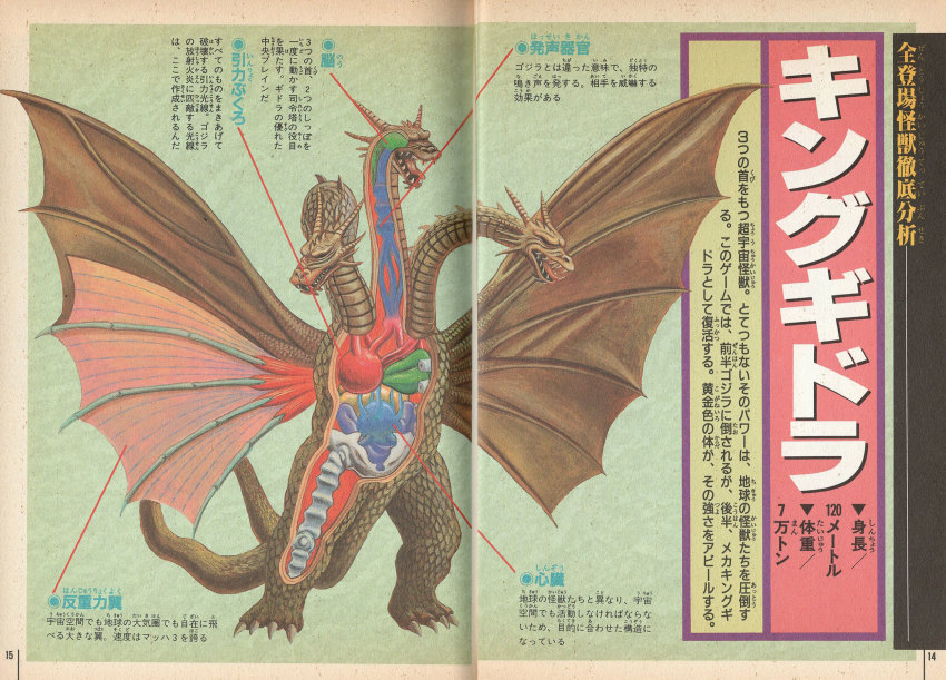 advance_communication_company alien anatomy artist_request biology bone brain chart conjoined cross-section diagram dragon godzilla_(series) godzilla_vs._king_ghidorah heart highres hydra intestines japanese_text kaiju king_ghidorah multiple_heads multiple_tails no_humans official_art organs science science_fiction sharp_teeth skeleton stomach super_godzilla tail teeth toho translation_request veins wings x-ray