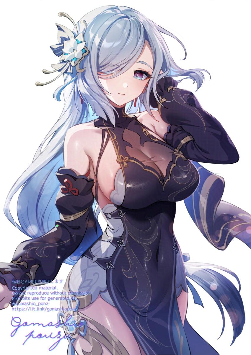 1girl bare_shoulders black_dress blue_eyes blush breasts detached_sleeves dress flower genshin_impact gomashio_ponz hair_flower hair_ornament hair_over_one_eye highres large_breasts long_hair looking_at_viewer miniskirt pelvic_curtain ponytail revision shenhe_(frostflower_dew)_(genshin_impact) shenhe_(genshin_impact) skirt tassel thighs very_long_hair white_background white_hair white_skirt
