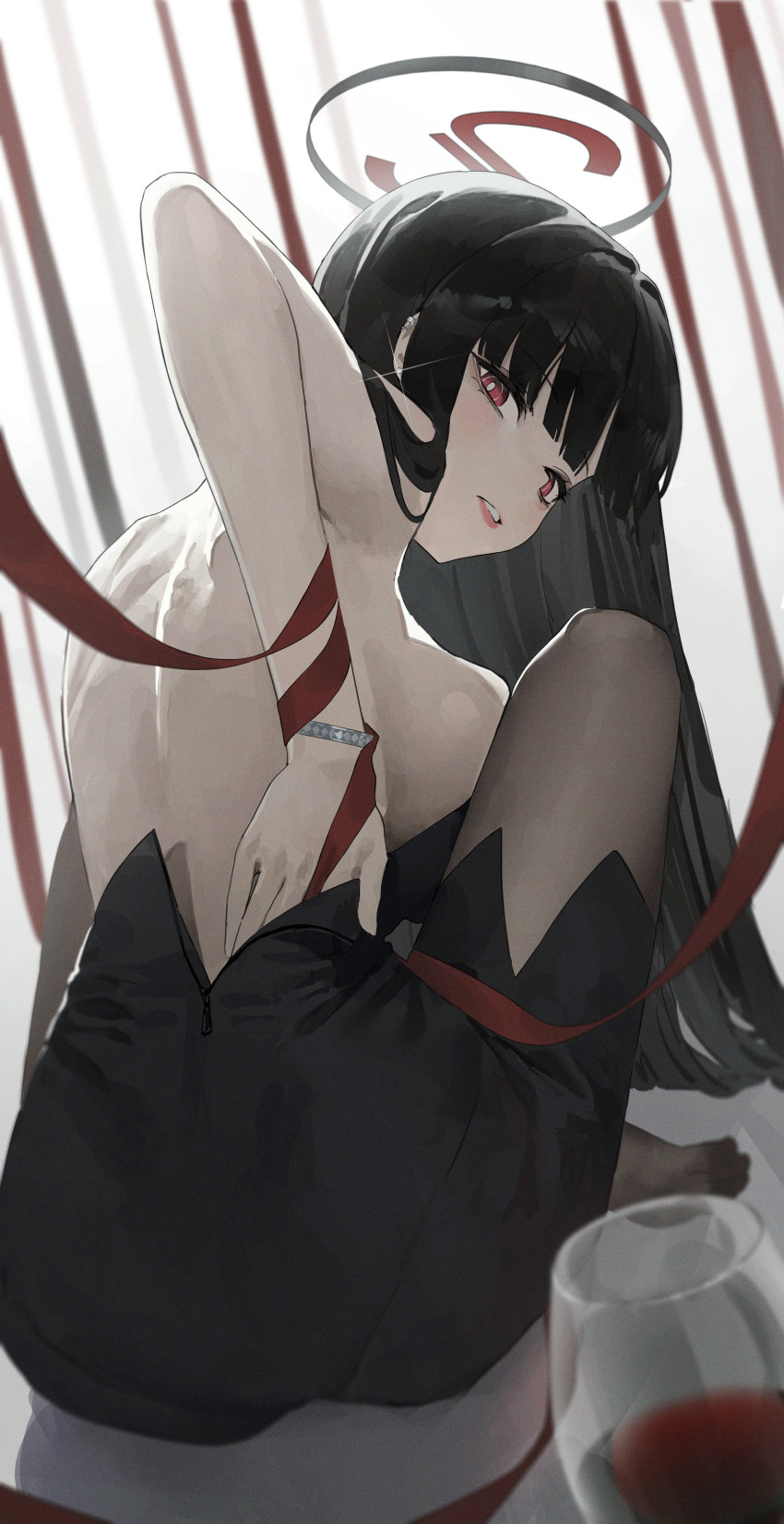 1girl absurdres alternate_costume bare_back black_dress black_hair black_halo black_pantyhose blue_archive bracelet breasts commentary_request cup damcheong dress drinking_glass from_behind halo highres jewelry large_breasts long_hair looking_at_viewer looking_back pantyhose pantylines red_eyes red_ribbon ribbon rio_(blue_archive) sideboob solo very_long_hair