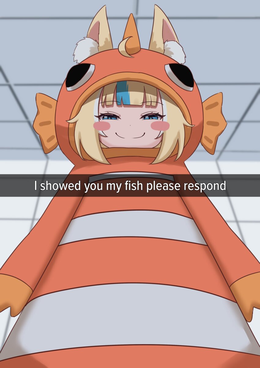1girl ahoge animal_ear_fluff animal_ears blonde_hair blue_eyes blue_hair cat_ears clownfish fins fish fish_costume fish_girl highres i_showed_you_my_dick_please_respond_(meme) indie_virtual_youtuber long_hair looking_at_viewer meme multicolored_hair sameko_saba sharkudon smile solo streaked_hair striped_clothes virtual_youtuber