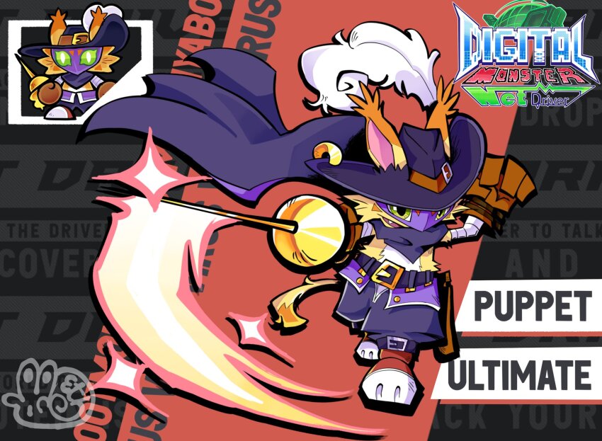 black_cape black_hat black_pants body_fur brown_gloves cape cat chibi chibi_inset digimon digimon_(creature) eth_dnautiluss eye_mask full_body gloves hat hat_feather highres holding holding_sword holding_weapon nyabootmon pants purple_mask solo_focus sword weapon yellow_fur