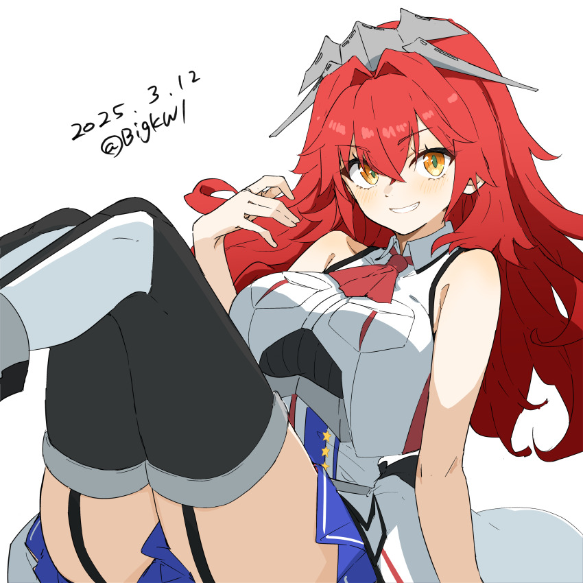 1girl absurdres ascot bigkwl black_garter_straps blue_skirt blush breast_pocket breasts dated dress garter_straps hair_between_eyes headgear highres kantai_collection large_breasts long_hair long_necktie looking_at_viewer messy_hair overskirt phoenix_(kancolle) pleated_skirt pocket red_ascot red_eyes red_hair sitting skirt sleeveless sleeveless_jacket smile solo thighhighs twitter_username white_background white_overskirt