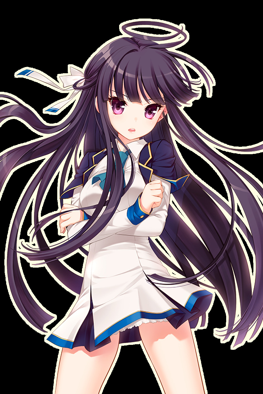 1girl black_hair breasts crossed_arms dress green_neckwear hair_ribbon highres long_hair looking_at_viewer medium_breasts official_art open_mouth pink_eyes resized ribbon shirahane_nao soccer_spirits solo spread_legs transparent_background upscaled ustiel_(soccer_spirits) white_dress white_ribbon