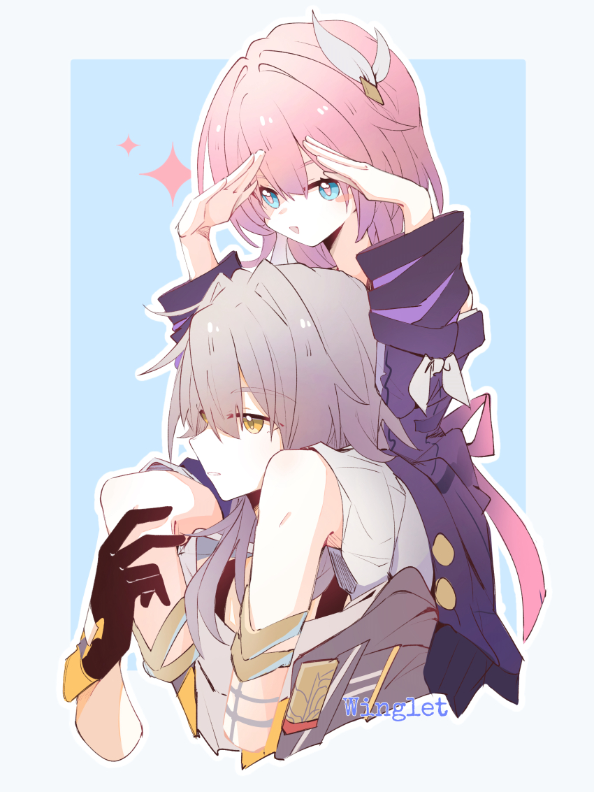 2girls absurdres artist_name black_gloves blue_background blue_eyes border carrying chinese_commentary coat commentary_request cyrene_(honkai:_star_rail) gloves grey_coat grey_hair hair_ornament highres honkai:_star_rail honkai_(series) medium_hair multicolored_hair multiple_girls nitianxiaoyi piggyback pink_hair purple_coat stelle_(honkai:_star_rail) trailblazer_(honkai:_star_rail) two-tone_hair white_border white_hair yellow_eyes