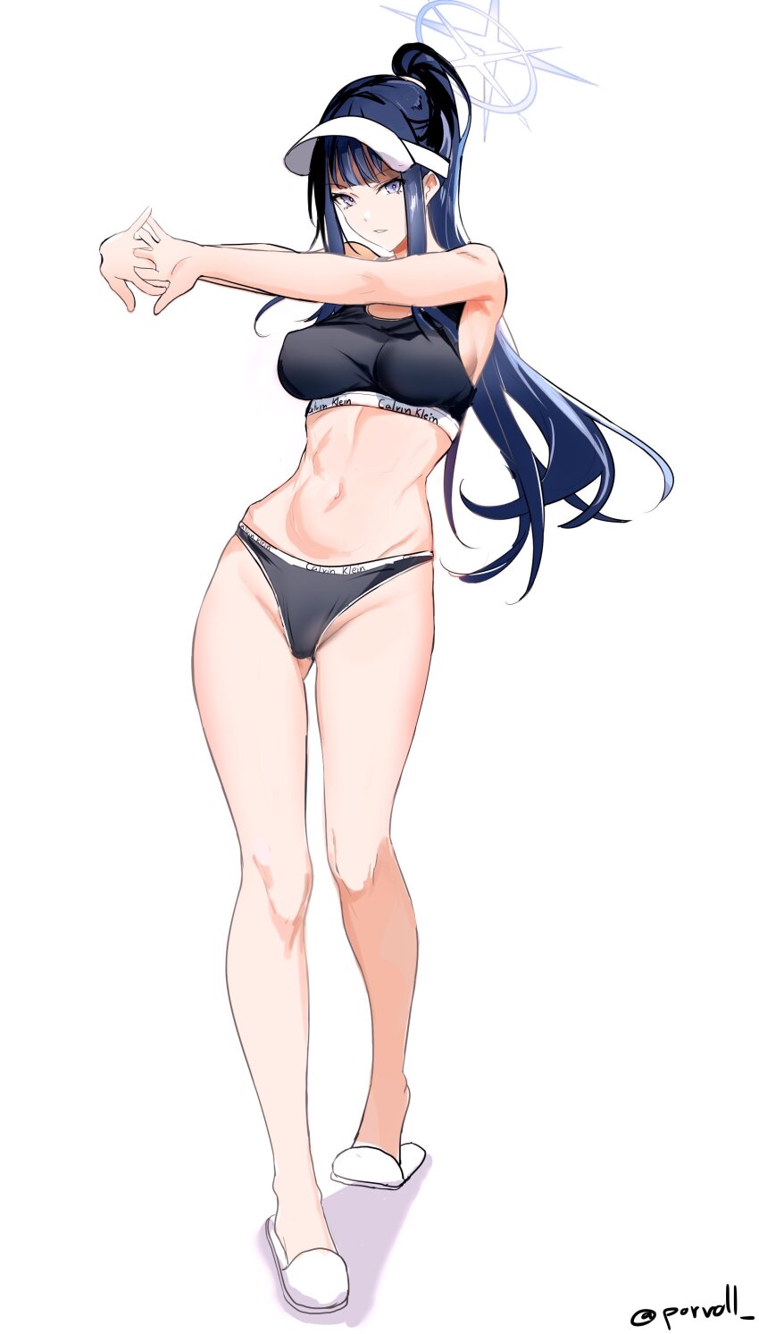 1girl absurdres black_hair black_panties black_sports_bra blue_archive blue_eyes breasts calvin_klein clothes_writing full_body gluteal_fold halo heel_up highres long_hair looking_at_viewer medium_breasts navel panties parted_lips ponytail porroll product_placement saori_(blue_archive) slippers solo sports_bra stretching underwear underwear_writing visor_cap white_background
