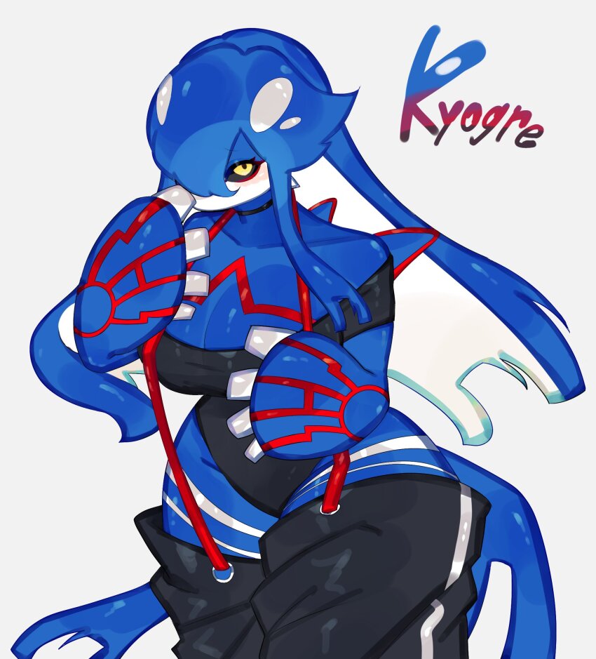 black_sclera blue_hair blue_skin breasts cleavage colored_sclera colored_skin fins gen_3_pokemon highres kyogre large_breasts legendary_pokemon leotard long_hair looking_at_viewer multicolored_hair nintendo off_shoulder pokemon pokemon_(creature) red_markings suspenders thick_thighs thighs togetoge white_hair wide_hips yellow_eyes