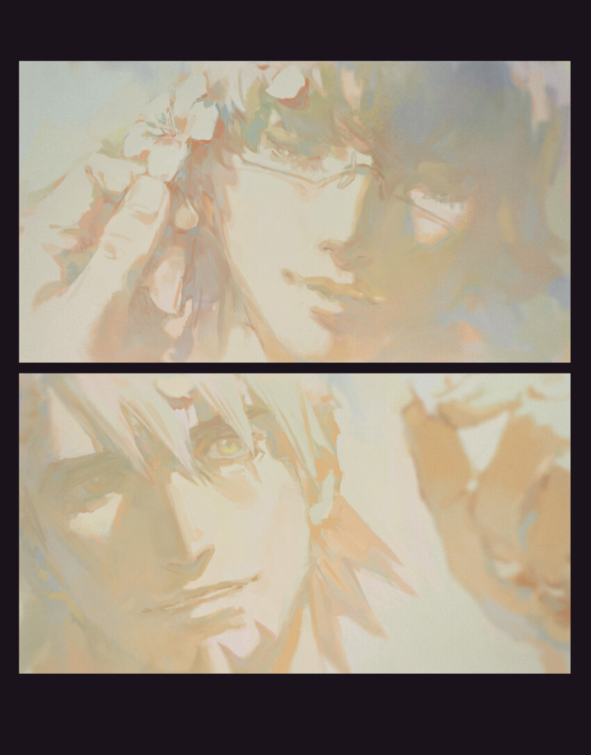 2boys absurdres barnaby_brooks_jr. blurry blurry_foreground creamyghost facial_hair flower glasses goatee highres kaburagi_t._kotetsu looking_at_another male_focus multiple_boys parted_lips petals sepia short_hair tiger_&amp;_bunny