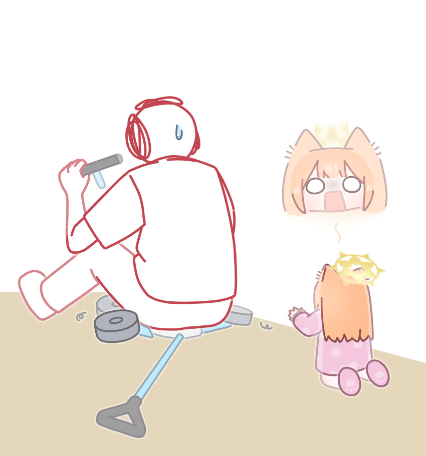 1boy 1girl absurdres animal_ears blue_archive blunt_bangs chibi doodle_sensei_(blue_archive) from_behind halo highres horuhara kneeling long_hair long_sleeves mari_(blue_archive) multiple_views no_nose o_o open_mouth orange_hair pajamas pants paw_print pink_pajamas pink_slippers polka_dot polka_dot_pajamas sensei_(blue_archive) shirt sitting slippers sweatdrop yellow_halo
