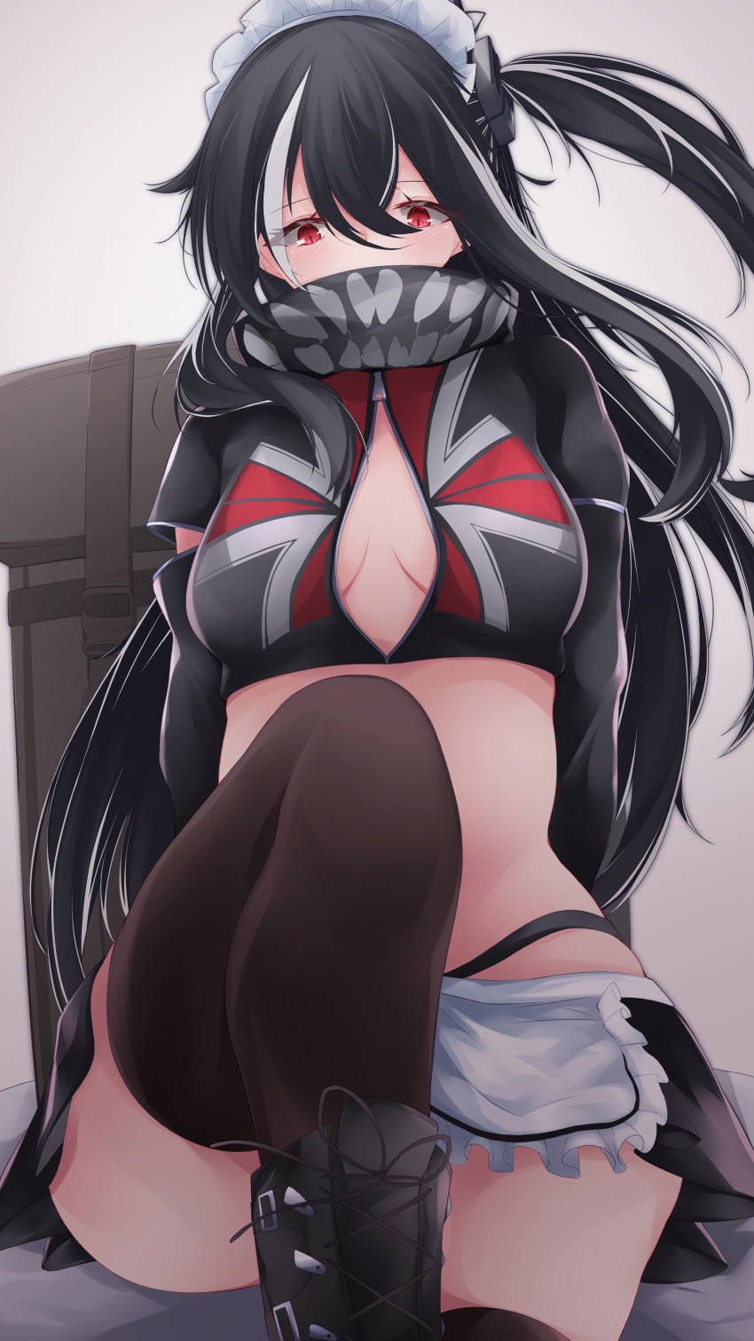 1girl absurdres apron azur_lane backpack bad_id bad_pixiv_id bag black_footwear black_hair black_jacket black_skirt breasts brown_thighhighs center_opening covered_mouth highres jacket long_hair maid_headdress medium_breasts microskirt multicolored_hair official_alternate_costume osatou_(soul_of_sugar) red_eyes scarf scarf_over_mouth sitting skirt solo thighhighs two-tone_hair u-47_(azur_lane) u-47_(urban_maid)_(azur_lane) unzipped white_apron white_hair zipper