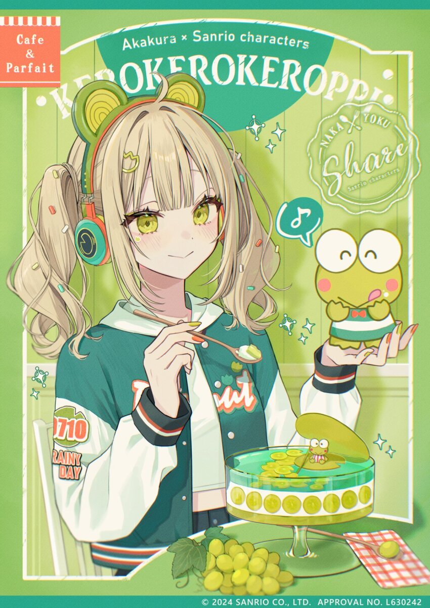 1girl 2024 akakura artist_name blonde_hair character_name closed_mouth food green_eyes green_nails hands_up hasunoue_keroppi headphones highres holding holding_spoon jacket kero_kero_keroppi long_sleeves looking_at_viewer medium_hair open_clothes open_jacket red_nails sanrio smile solo spoon twintails