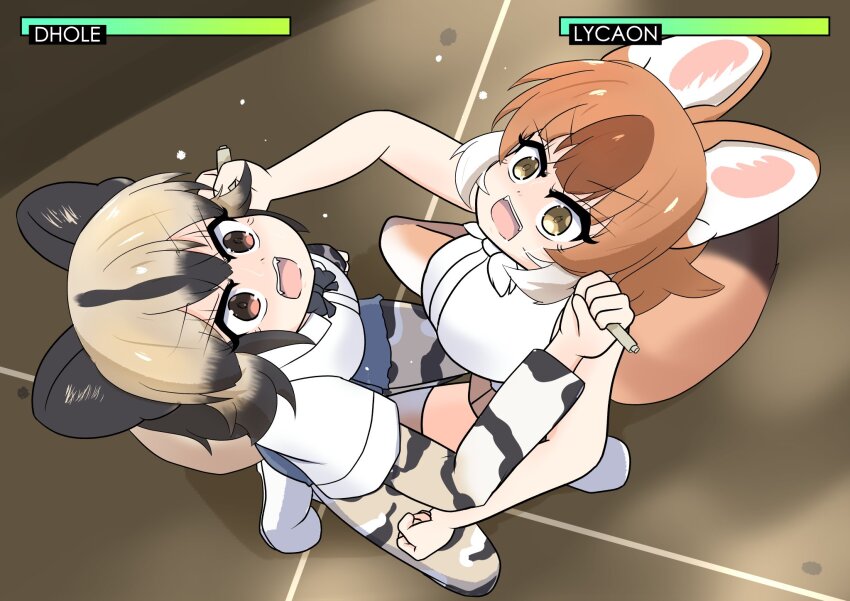 2girls african_wild_dog_(kemono_friends) animal_ears animal_print black_bow black_bowtie blonde_hair blue_shorts blush boots bow bowtie brown_eyes brown_hair brown_skirt brown_thighhighs dhole_(kemono_friends) dog_ears dog_girl dog_print dog_tail from_above health_bar highres kemono_friends long_sleeves metal_gear_(series) metal_gear_solid_4:_guns_of_the_patriots multicolored_hair multiple_girls open_mouth pantyhose pleated_skirt print_pantyhose print_sleeves seikyoaoi shirt short_hair short_shorts short_sleeves shorts sidelocks skirt sleeveless tail thighhighs white_boots white_hair white_shirt yellow_eyes zettai_ryouiki
