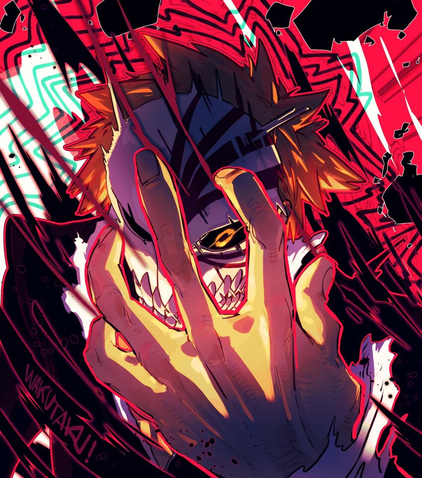 1boy aura black_sclera bleach close-up colored_sclera commentary dark_aura english_commentary foreshortening hand_up highres hollow_mask kurosaki_ichigo looking_at_viewer male_focus mask motion_lines orange_hair red_background short_hair solo spiked_hair taku_(aywakutakuay) teeth wide-eyed yellow_eyes
