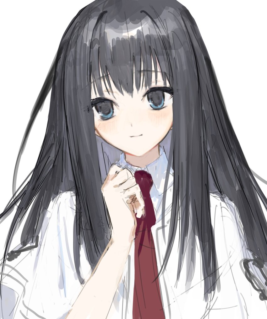 1girl black_hair blue_eyes capelet closed_mouth collared_shirt hand_up highres light_smile long_hair necktie red_necktie school_uniform shirt simple_background sketch solo straight_hair subarashiki_hibi takashima_zakuro upper_body white_background white_capelet white_shirt yasumibi_roa