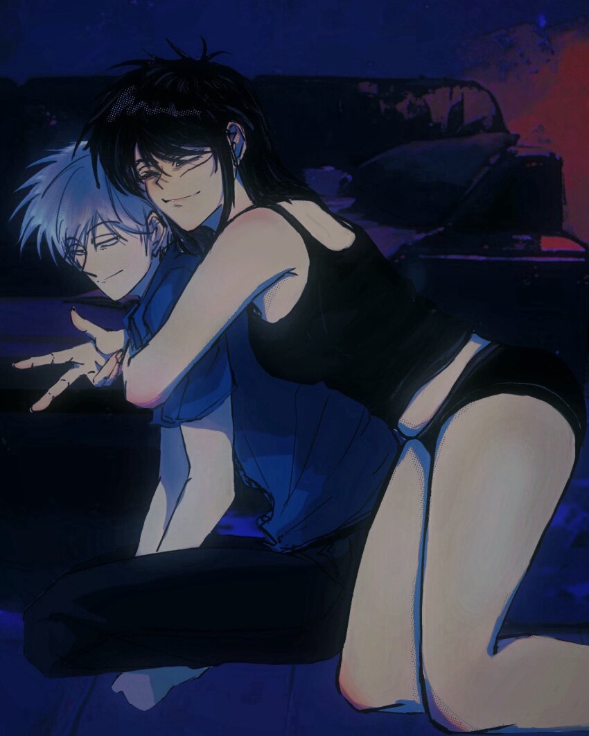 1boy 1girl akagi:_yami_ni_oritatta_tensai akagi_shigeru black_eyes black_hair black_pants black_shorts black_tank_top blue_shirt breasts closed_mouth couch facial_scar fukumoto_mahjong full_body genderswap genderswap_(mtf) grey_hair highres hug hug_from_behind indoors itou_kaiji kaiji long_hair looking_at_another looking_to_the_side medium_breasts one_eye_closed pants scar scar_on_cheek scar_on_face shirt short_hair short_shorts shorts showstyle sitting smile tank_top w