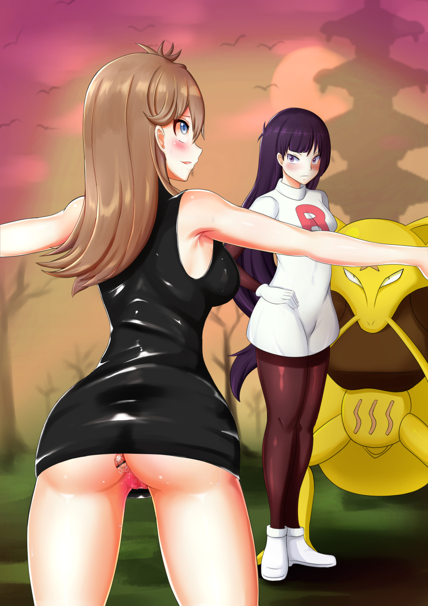 2girls 2others absurdres ahegao anal anal_object_insertion arms_at_sides ass black_dress blue_eyes blush bodystocking boots bottomless breasts brown_hair clefairy dress gen_1_pokemon gloves green_(pokemon) highres huge_ass kadabra large_breasts long_hair matching_hair/eyes medium_hair multiple_girls multiple_others nintendo object_insertion poke_ball poke_ball_(basic) poke_ball_insertion pokemon pokemon_adventures purple_eyes purple_hair pussy pussy_juice sabrina_(pokemon) shiny_clothes short_dress sideboob silence126 sleeveless sleeveless_dress thighs tower tree white_dress white_gloves