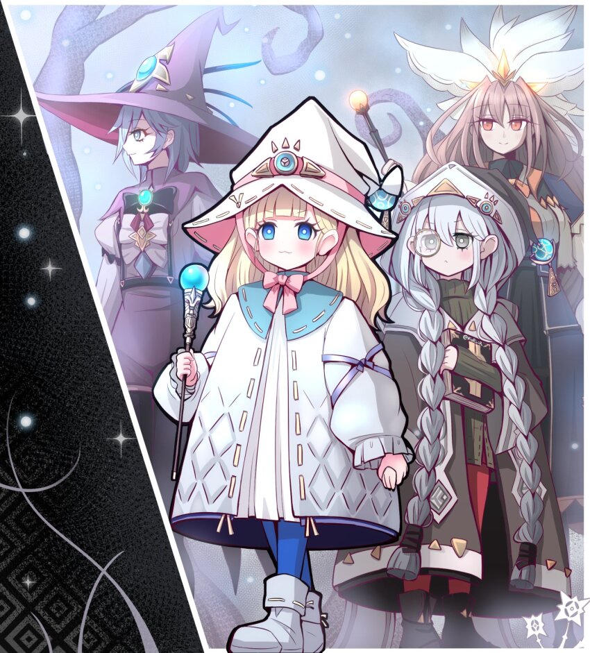 4girls akisame_rizu astellar_of_the_white_forest black_footwear blonde_hair blue_eyes book border braid brown_hair coat diabellstar_the_black_witch diabellze_the_original_sinkeeper dress duel_monster elzette_of_the_white_forest grey_eyes grey_hair hat high-waist_skirt highres holding hood long_hair medium_hair monocle multiple_girls pantyhose rucia_of_the_white_forest short_hair silvy_of_the_white_forest skirt twin_braids walking wand white_border white_dress white_footwear white_hair white_hat witch witch_hat yu-gi-oh! yu-gi-oh!_master_duel