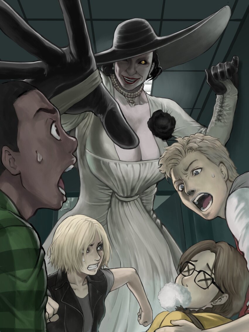 2boys 2girls 3girls 5tatsu alcina_dimitrescu black_flower black_gloves black_hair black_hat black_sclera black_vest blonde_hair braid breasts brown_hair ceiling cleavage clenched_hands clenched_teeth colored_sclera dark-skinned_male dark_skin dress dress_flower earrings flower foaming_at_the_mouth furrowed_brow giant giantess glasses gloves green_shirt grey_shirt grey_skirt hair_over_shoulder hat highres hood hoodie huge_breasts jacket january_van_sant jewelry letterman_jacket long_dress long_hair medium_breasts multiple_boys multiple_girls necklace open_mouth outstretched_hand parted_bangs pearl_earrings pearl_necklace plaid_clothes plaid_shirt resident_evil resident_evil:_resistance resident_evil_village running samuel_jordan shirt short_hair short_sleeves single_braid skirt smile sun_hat sweatdrop teeth tile_ceiling tiles tyrone_henry valerie_harmon very_short_hair vest wavy_hair white_dress white_sleeves wide-eyed x_x yellow_eyes yellow_hoodie