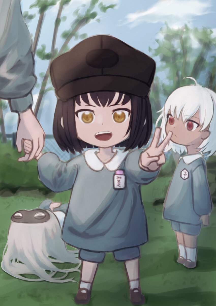 1other 3girls :d aged_down ahoge black_hair child dark-skinned_female dark_skin eri_aki0827 frima_(nikke) goddess_of_victory:_nikke grey_hair hat highres holding_hands kindergarten_uniform long_hair milk_(nikke) multiple_girls open_mouth red_eyes short_hair sleep_mask smile sugar_(nikke) white_hair