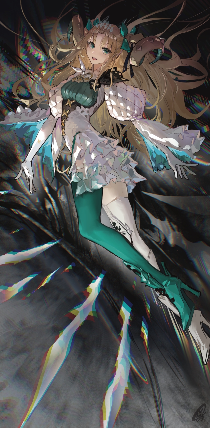 1girl absurdres aqua_boots aqua_pantyhose asymmetrical_footwear blonde_hair blue_eyes blue_pantyhose boots breasts curled_horns curtained_hair ereshkigal_(fate) fate/grand_order fate_(series) frills gloves green_pantyhose grey_gloves hair_ribbon headpiece highres horns jiong-zi leotard long_hair long_sleeves looking_at_viewer metal_bracelet mismatched_footwear multicolored_horns pantyhose parted_bangs puff_and_slash_sleeves puffy_sleeves ribbon single_leg_pantyhose small_breasts smile solo space_ereshkigal_(fate) space_ereshkigal_(third_ascension)_(fate) two-tone_one-piece_swimsuit two_side_up white_gloves white_leotard