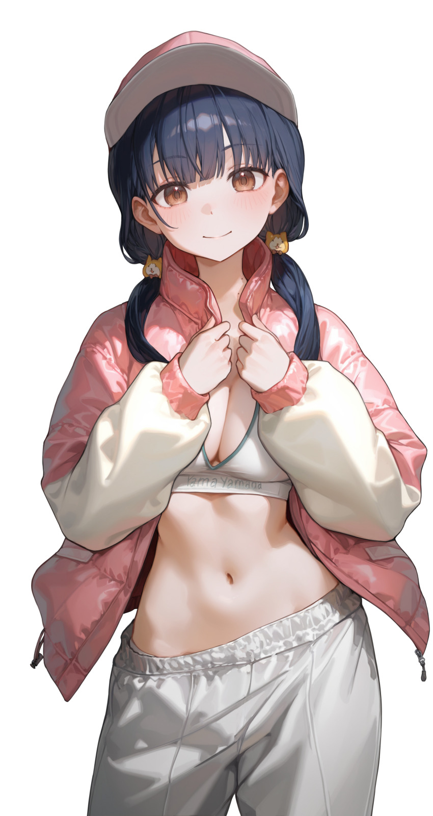 1girl absurdres black_hair blunt_bangs blush boku_no_kokoro_no_yabai_yatsu breasts brown_eyes cat_hair_ornament cleavage clenched_hands closed_mouth commentary cowboy_shot ellell915 eyelashes gym_uniform hair_ornament hands_up hat highres jacket large_breasts long_hair long_sleeves looking_at_viewer low_twintails mole mole_on_neck open_clothes open_jacket pants peaked_cap pink_hat pink_jacket puffy_long_sleeves puffy_sleeves simple_background smile solo split_mouth sports_bra stomach twintails white_background white_pants yamada_anna