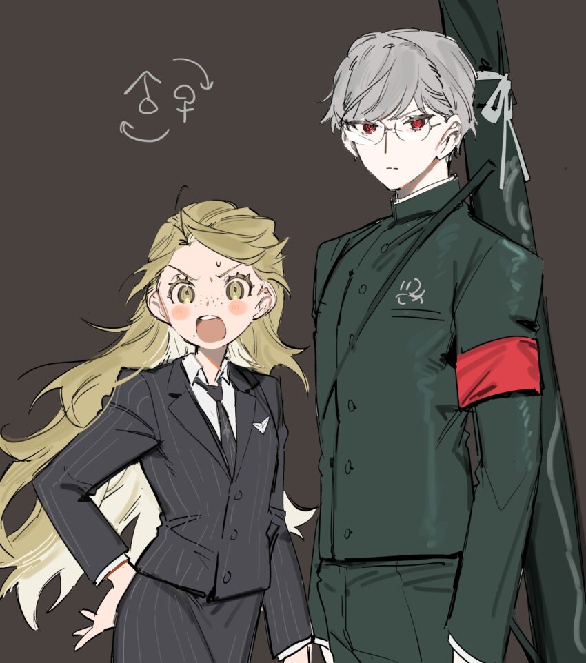 1boy 1girl armband blonde_hair blush_stickers brown_background collared_shirt commentary_request danganronpa_(series) danganronpa_2:_goodbye_despair expressionless formal_clothes freckles gakuran genderswap genderswap_(ftm) genderswap_(mtf) glasses grey_hair hand_on_own_hip highres kuzuryu_fuyuhiko long_hair long_sleeves looking_at_viewer mole mole_under_mouth necktie nezu_(astarear) open_mouth pekoyama_peko red_eyes school_uniform shirt short_hair striped_suit suit very_long_hair weapon_case yellow_eyes