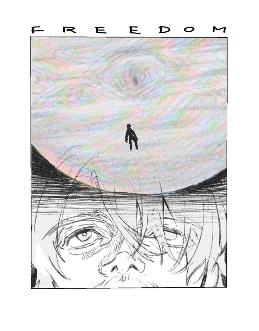 1boy border challia_bull english_text facial_hair floating greyscale gundam gundam_gquuuuuux highres kawachi_rin male_focus midair monochrome mustache planet solo spot_color